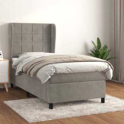 vidaXL Pat box spring cu saltea, gri deschis, 90x190 cm, catifea foto