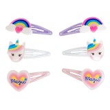 Clame de păr metalice pentru copii, Set 6 buc, Multicolor, Curcubeu, Unicorn și Inimă, 6 cm, CMCLASS