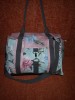 Geanta poseta de femei dama de mana de umar roz albastru gri flori florala textil combinat cu imitatie piele, Multicolor, Mare