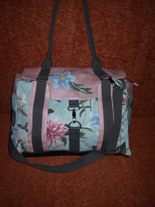 Geanta poseta de femei dama de mana de umar roz albastru gri flori florala textil combinat cu imitatie piele