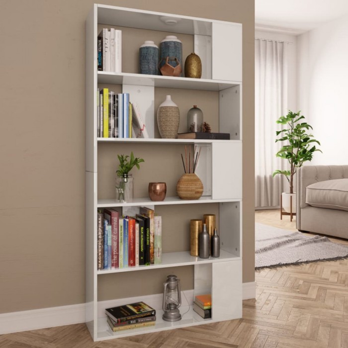 Bibliotecă/Separator cameră, alb extralucios, 80x24x159cm, PAL