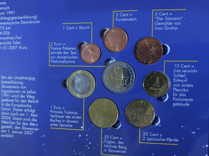 Set complet - Slovenia &icirc;n tolar și Euro serie 2007 de la 1 cent la 2 euro II
