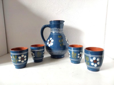 Set ulcior cu 4 pahare ceramica glazurata, Pfrontner Keramik Henkelkrug Handarbeit, lucrate manual, glazura albastra foto