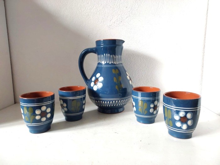 Set ulcior cu 4 pahare ceramica glazurata, Pfrontner Keramik Henkelkrug Handarbeit, lucrate manual, glazura albastra