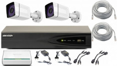 Kit profesional 2 camere supraveghere IP 2MP, IR 30m + NVR 4 canale 4K HikVision + Surse + Cablu + Injector PoE + Switch foto