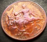 Moneda istorica 5 CENTIMES - FRANTA, anul 1915 *cod 3953 = EXCELENTA SUPERPATINA