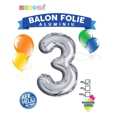 Balon, folie aluminiu, argintiu, cifra 3, 40 cm foto