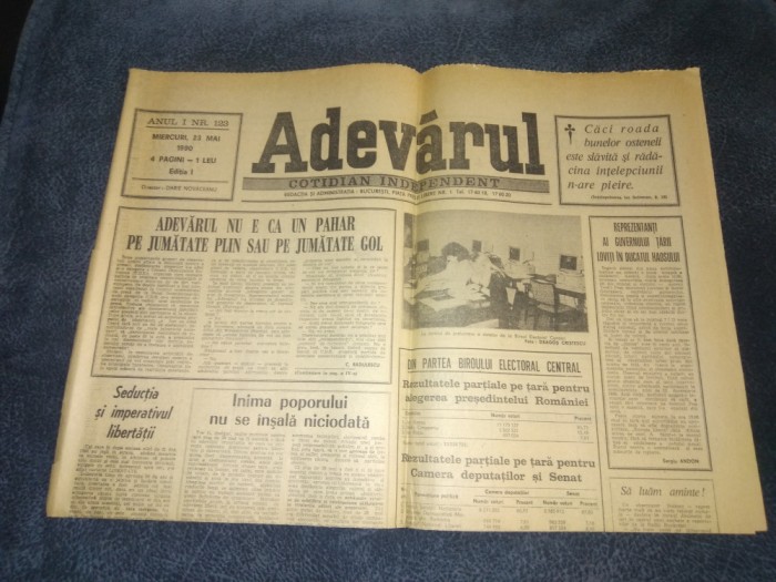 ZIARUL ADEVARUL 27 MAI 1990 REZULATATE ALEGERI