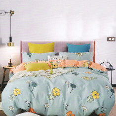 Lenjerie de pat pentru o persoana cu husa elastic pat si fata perna dreptunghiulara, Feodora, bumbac mercerizat, multicolor