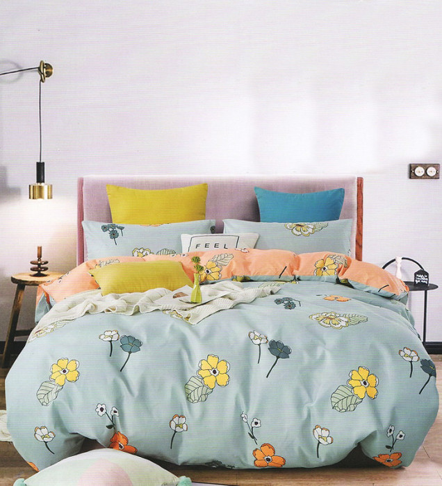 Lenjerie de pat pentru o persoana cu husa elastic pat si fata perna patrata, Feodora, bumbac mercerizat, multicolor