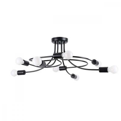 Candelabru Negru Din Oțel Cu 8 Becuri Neregulate De Interior Industrial. foto