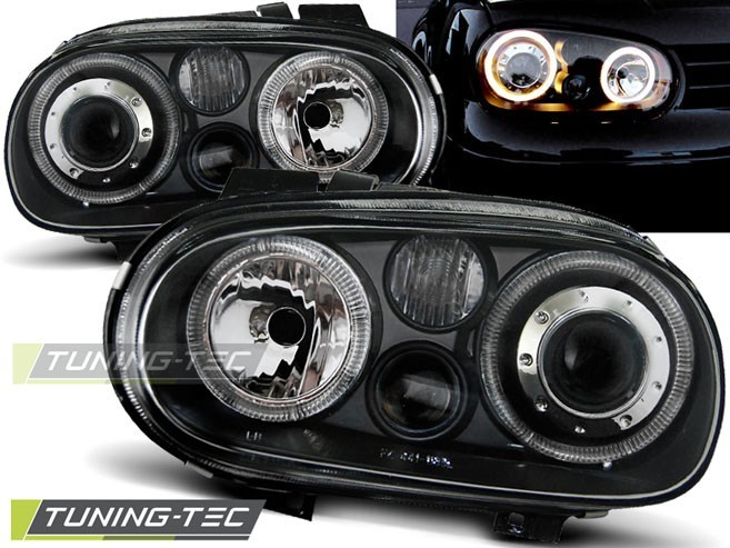 Far faruri VW Golf 4 look R32 Angel Eyes negru cu lupa NOU
