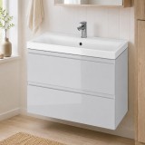Cumpara ieftin Baza si lavoar ceramic CS9741, mobilier baie suspendat 80 cm, dreptunghiular, front MDF, 2 sertare, glisiere soft close, gri