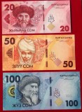 Set 3 Bancnote Kyrgyzstan 20+50+100 Som 2023 UNC, Necirculate, Asia