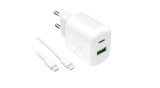 &Icirc;ncărcător de perete Puro PROLITE 25W USB-A / USB-C + cablu USB-C - USB-C 1.2m - alb