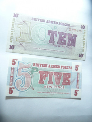 2 Bancnote Militare Marea Britanie 1972 - BRITISH ARMED FORCES 5 si 10 new pence foto