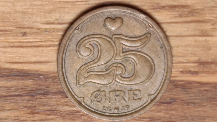 Danemarca - moneda de colectie bronz - 25 ore 1991 semnatura LG&hearts;JP - superba!