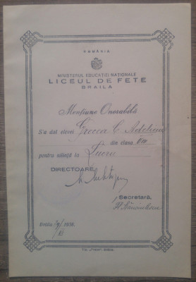 Mentiune onorabila Liceul de Fete Braila// 1938 foto