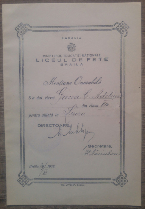 Mentiune onorabila Liceul de Fete Braila// 1938
