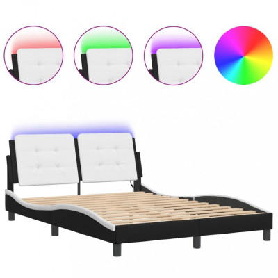 vidaXL Cadru de pat cu LED, negru și alb, 140x200 cm, piele ecologică foto