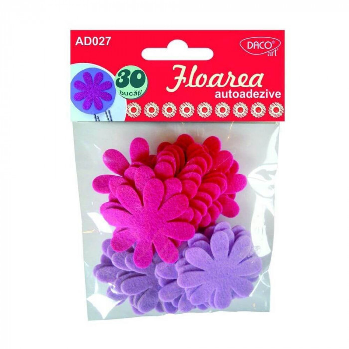 Flori Autoadezive DACO, 30 mm, 50 Buc/Set, Culori Roz/Mov, Floricele Autoadezive, Floricele din Pasla, Flori din Pasla Autoadezive, Flori Decorative A