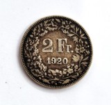 Moneda din argint ELVETIA 2 Francs 1920 _ km # 21 _ AG. 835 _ tiraj mic, Europa