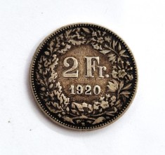 moneda din argint ELVETIA 2 Francs 1920 _ km # 21 _ AG. 835 _ tiraj mic