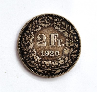 moneda din argint ELVETIA 2 Francs 1920 _ km # 21 _ AG. 835 _ tiraj mic foto