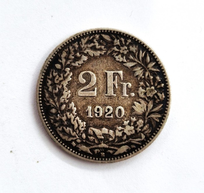 moneda din argint ELVETIA 2 Francs 1920 _ km # 21 _ AG. 835 _ tiraj mic