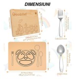 Set Tac&acirc;muri Inox Copii cu Suport Silicon Farfurie + Tocător Lemn Gravat - Veselă Alimentatie Bebe