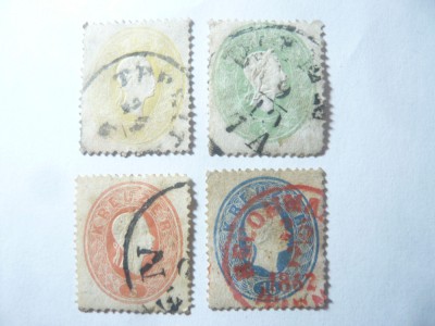4 Timbre Austria 1860 Fr.Josef , val :2, 3 (fisurat), 5 ,15 kr stampilate foto