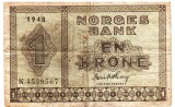 Norvegia 1 Krone 1948, P-15b, Seria 4539567 - Bancnota Colectie, Europa
