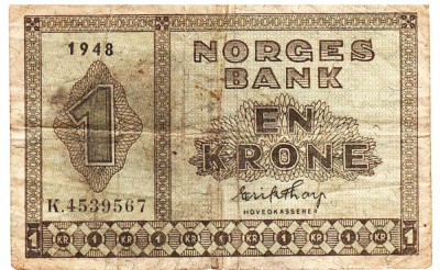 Norvegia 1 Krone 1948 P-15b Seria 4539567 foto
