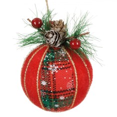 Ornament Brad Craciun, Glob, Catifea Roșu/Verde, Berries, 8cm