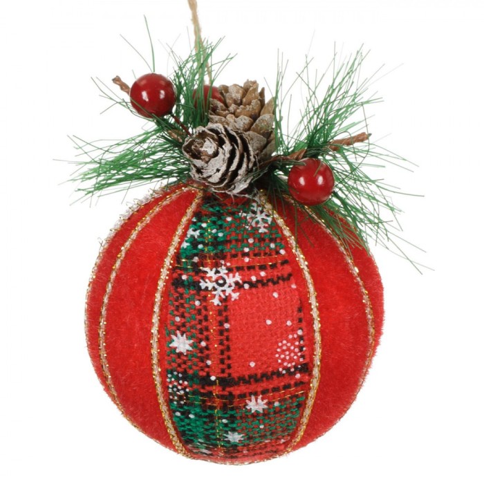 Ornament Brad Craciun, Glob, Catifea Roșu/Verde, Berries, 8cm