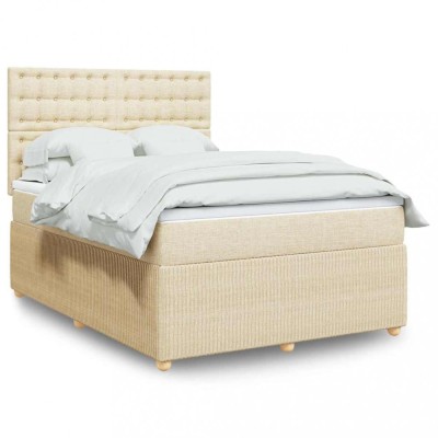 vidaXL Pat box spring cu saltea, crem, 140x200 cm, textil foto