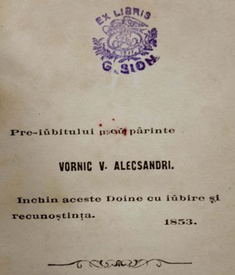 Ex libris GHEORGHE  SION pe volumul Vasile Alecsandri DOINE ȘI LĂCRIMIOARE Iași, 1862 foto