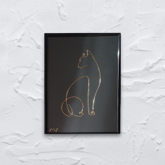 Tablou cu pisică, sculptura din fir continuu de sarma placata cu aur, 16×21 cm