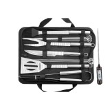 Set 14 ustensile pentru gratar cu termometru, flippy, din otel inoxidabil, geanta oxford, argintiu
