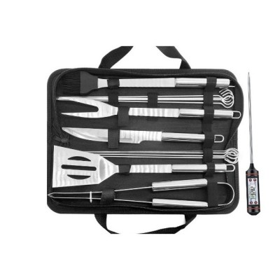 Set 14 ustensile pentru gratar cu termometru, flippy, din otel inoxidabil, geanta oxford, argintiu foto
