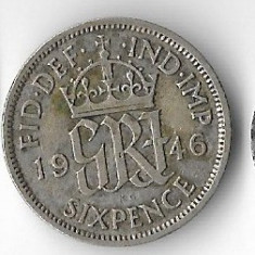 Moneda 6 pence 1946 - Marea Britanie, 2,8276 g argint 0,5000