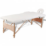 Masă de masaj pliabilă 2 zone, cu cadru din lemn, crem