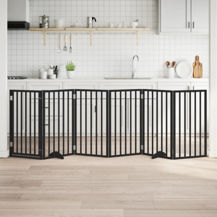 vidaXL Poartă c&acirc;ini pliabilă cu ușă 6 panouri negru, 300 cm, lemn plop 352191