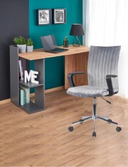 Set birou HM Fino, 2 rafturi, PAL melaminat, 122x57x85 cm, stejar gri antracit si scaun copii HM Doral, tapiterie stofa tip catifea, baza cromata, cu