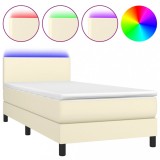 Cumpara ieftin Pat cu arcuri, saltea si LED, crem, 100x200 cm, piele ecologica