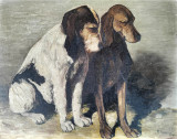 Stănescu-C&acirc;inii de pază ai regelui Ferdinand, la Castelul Peleş (1926), pictură, Animale, Ulei, Impresionism