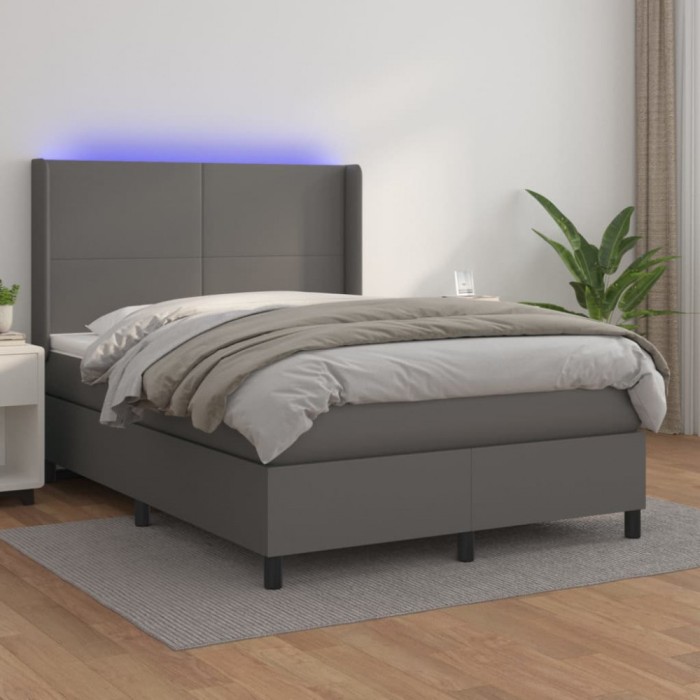 vidaXL Pat cu arcuri, saltea și LED, gri, 140x190 cm, piele ecologică 3139263