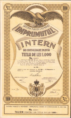 HST PM113 &amp;Icirc;mprumutul intern de consolidare 1935 titlu de 1000 lei foto