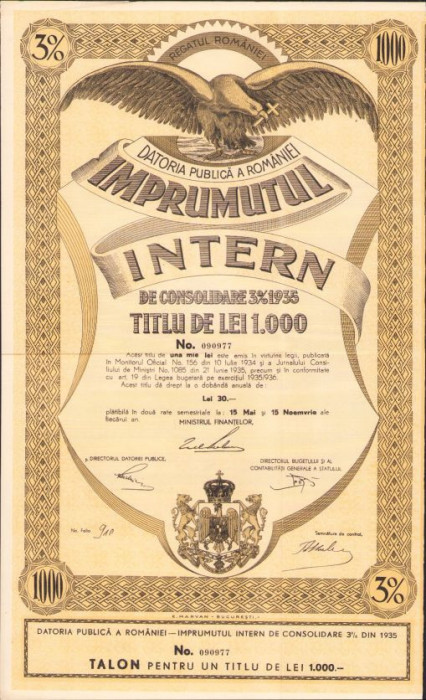 HST PM113 &Icirc;mprumutul intern de consolidare 1935 titlu de 1000 lei