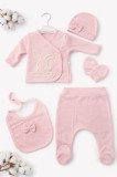 Set bebe fete 5 piese roz pastel iepuras bluza pantaloni baveta caciula manusi